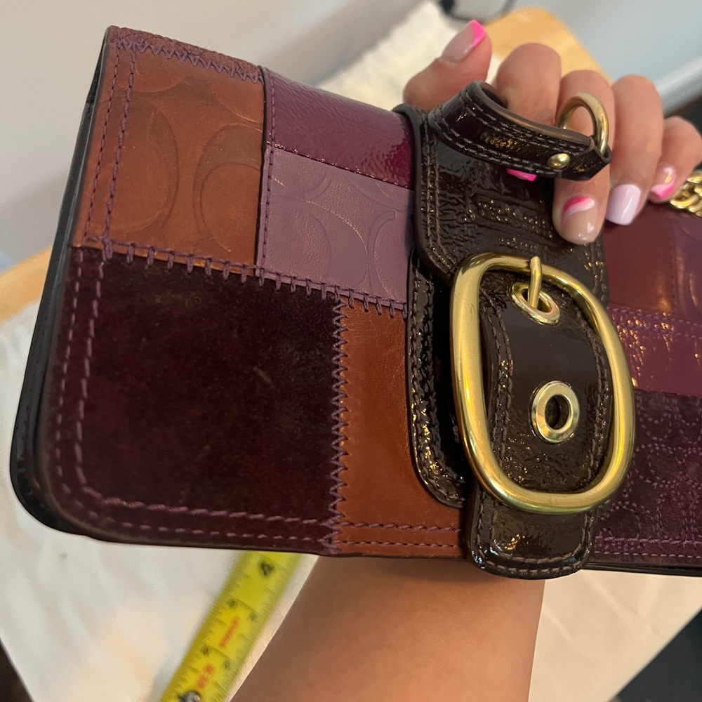Coach Plum Patchwork Leather Wristlet Plaid Interior Brass Gold Hardware